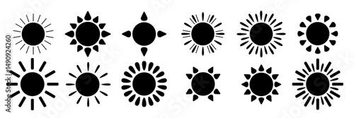 A set of solar bursts. Icons of the black sun on a white background. Solar bursts, elements of a shining star. Vintage labels, badges, fireworks, or logos. Vector Eps 10.