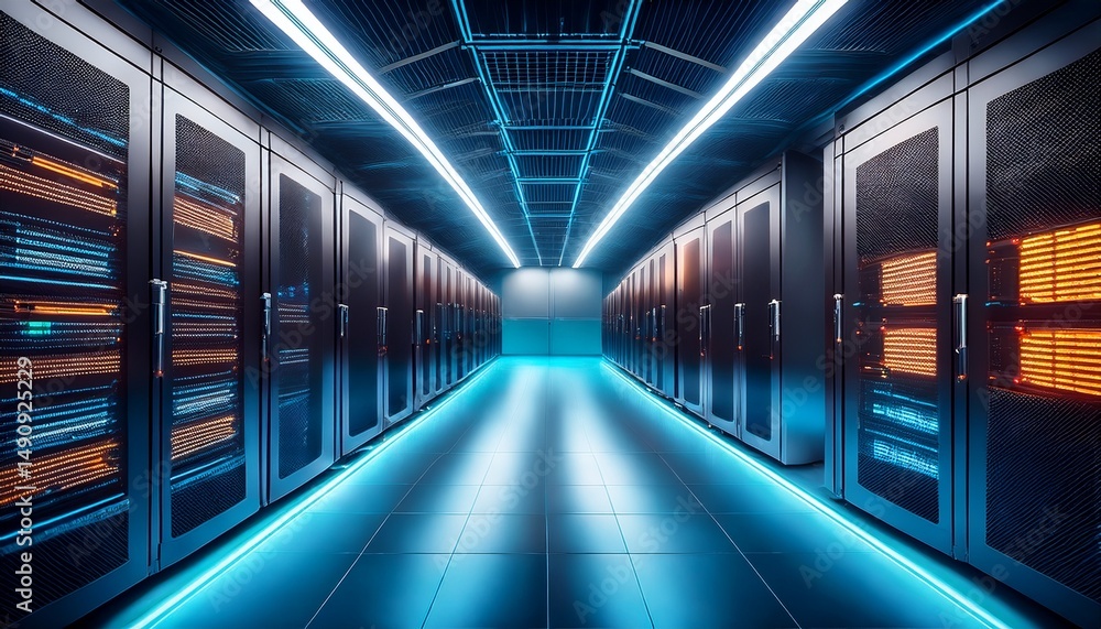 Fototapeta premium futuristic data center with illuminated server racks showcasing advanced technology and vibrant lights