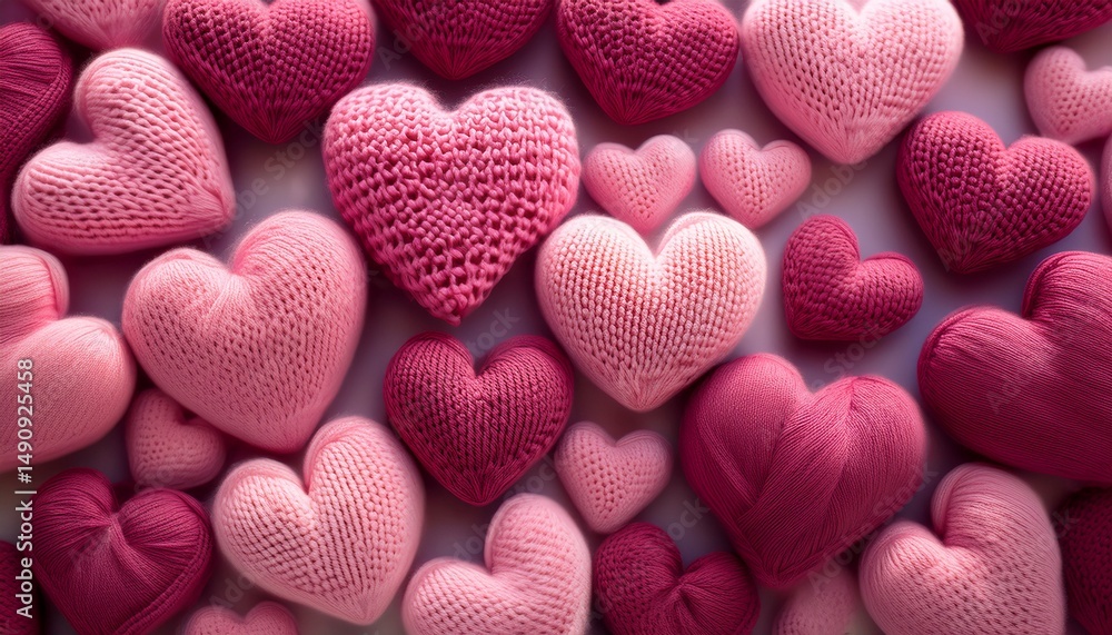 Obraz premium cute pink knitted or crocheted hearts solid background photo banner