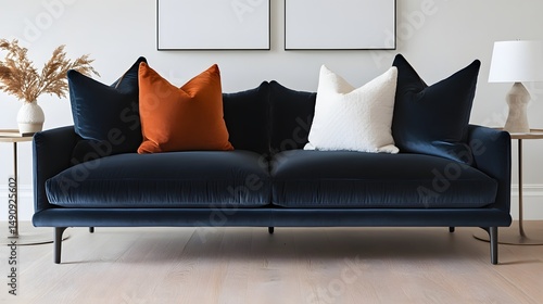 Modern navy velvet sectional sofa with accent pillows.