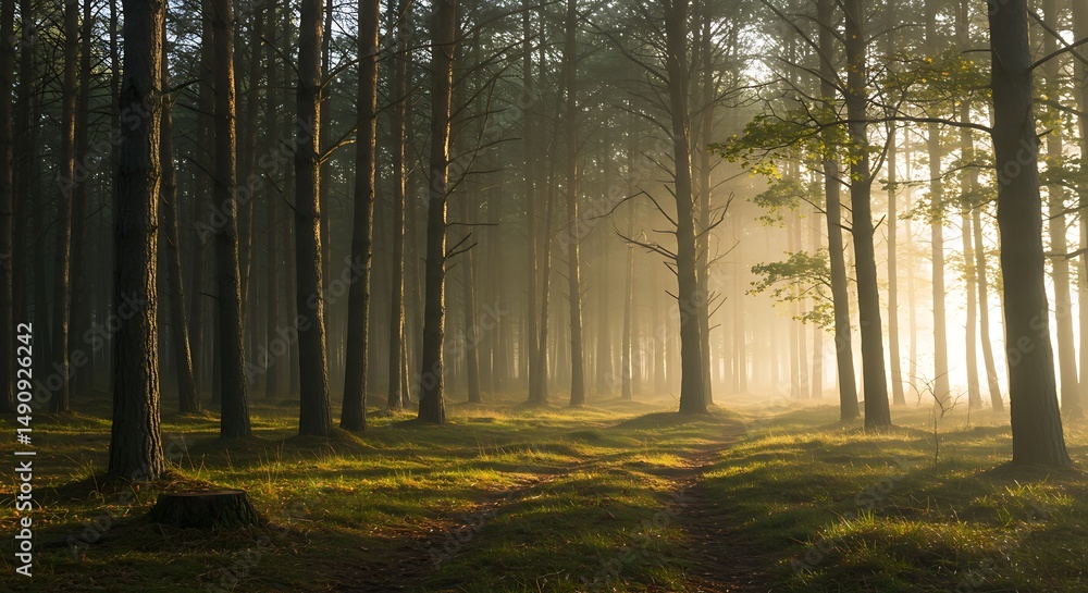 Fototapeta premium Golden morning mist forest
