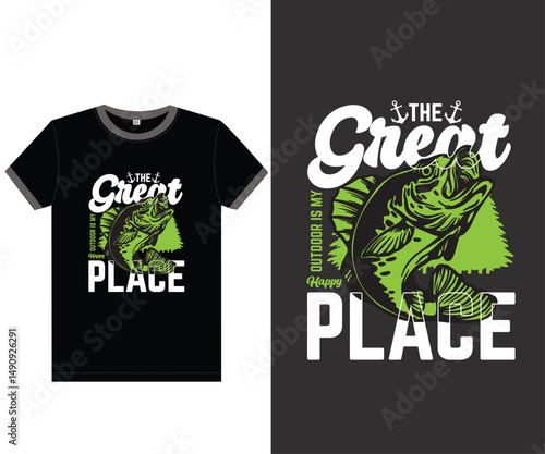 The great outdoor is my happy place. Fishing t-shirt design.