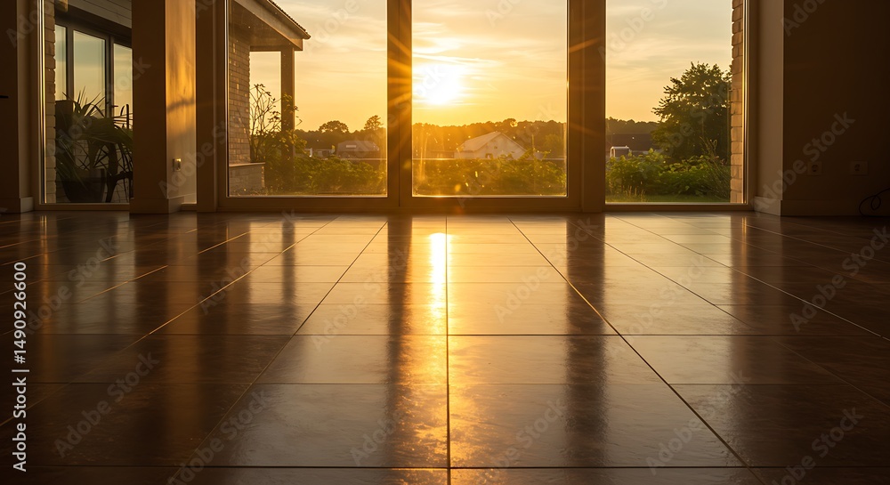 Fototapeta premium Long shadows stretch across the tiled floor of an empty room as golden light pours in through the open glass doors.