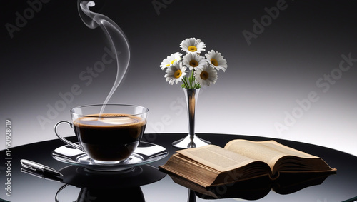 A steaming cup of rich, dark brown coffee with a swirling mist rising from it, situated on a sleek, polished glass table that reflects a subtle