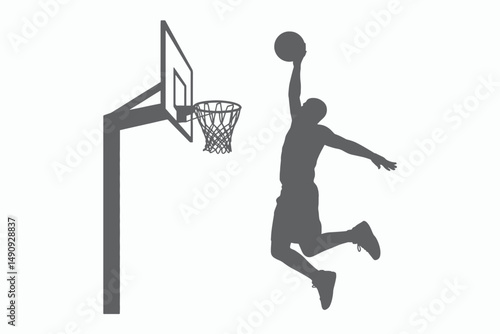 Silhouette of Basketball Player Dunking on Court