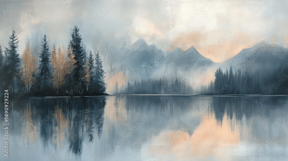 Fototapeta premium Peaceful mountain lake scene painted in muted tones.