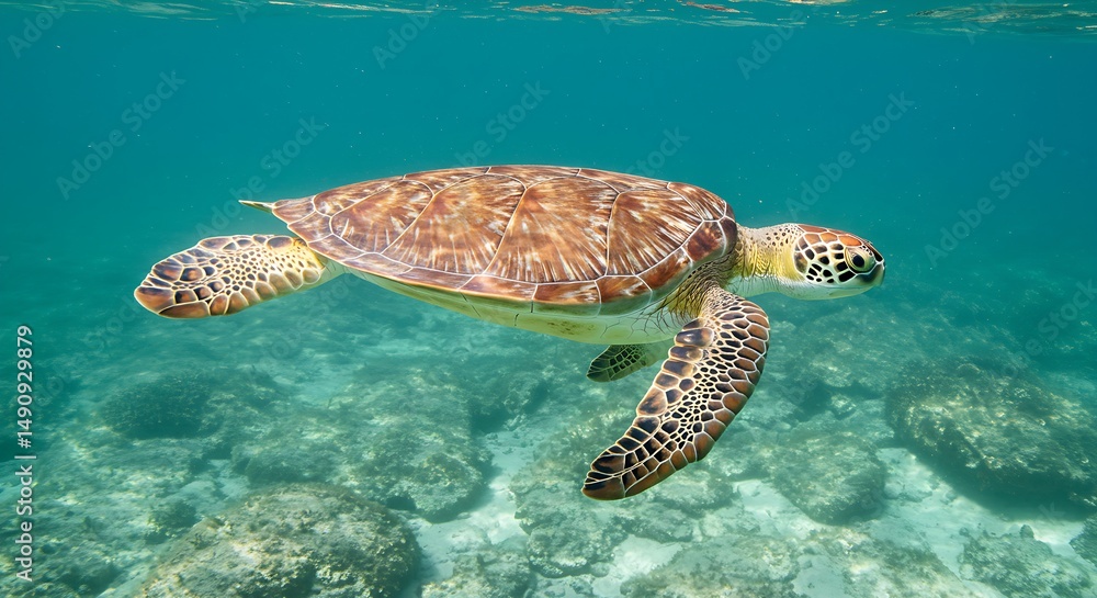 Fototapeta premium Graceful sea turtle with a uniquely patterned shell and spotted features swims peacefully above a rocky ocean floor in clear turquoise water.