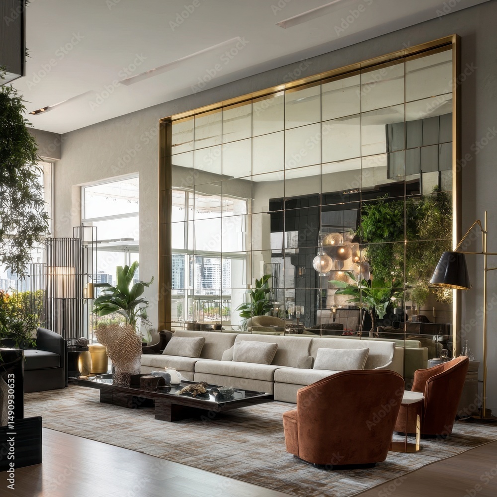 Fototapeta premium Modern living room with large mirror wall