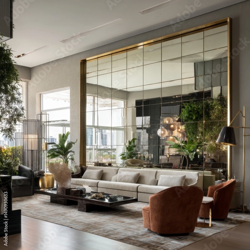 Modern living room with large mirror wall