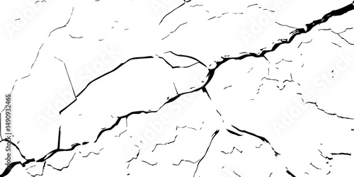 The cracks texture and grunge background of The ground cracks on white  background,  fissure. Dirty monochrome pattern vector,  black and white scratched texture, Vector. Illustration.