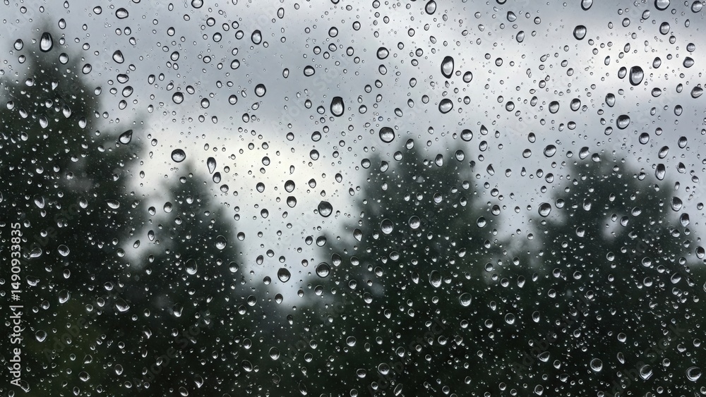Obraz premium Rainy window with water droplets and blurred background trees rain wallpaper 4k | rain aesthetic wallpaper 4k | rain frog | rain news weather report monsoon