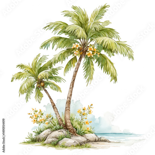 Watercolor tropical palm trees with yellow flowers painted on isolated beach.