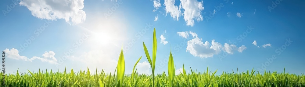 Obraz premium Vibrant blue sky meets lush green grass field, a scenic landscape of nature's beauty