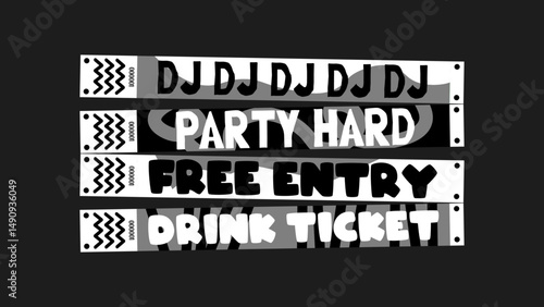 Cartoon-style party wristband mockups featuring fun messages like “party hard,” “free entry,” “weekend vibes,” and “drink pass.” Perfect for festivals, club events, holidays, and DJ nights