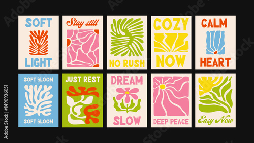 Colorful trippy 90s-inspired posters with psychedelic waves, groovy shapes, bold graphics, and uplifting quotes — perfect for mood boards, walls, and digital vibes.
