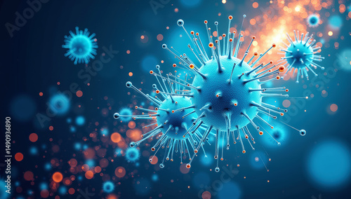 3D Rendering of Microscopic Virus Particles in Blue and Orange with a Dark Background