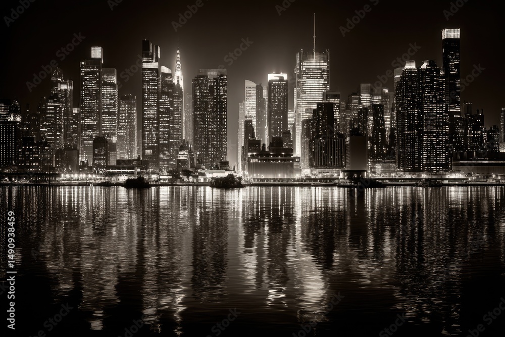 Obraz premium Monochrome Manhattan skyline reflected on rippled water at night showcasing tall towers