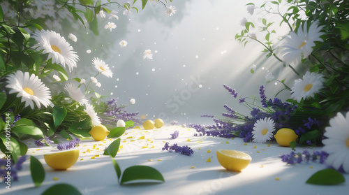 A dreamy 3D scene of morning light filtering through foliage, with scattered white daisies, lavender, jasmine, tea leaves, and lemon pieces. Soft, poetic, sacred atmosphere of purity