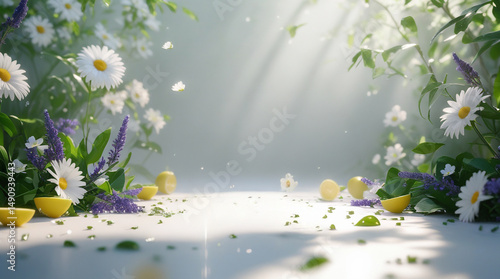 A dreamy 3D scene of morning light filtering through foliage, with scattered white daisies, lavender, jasmine, tea leaves, and lemon pieces. Soft, poetic, sacred atmosphere of purity