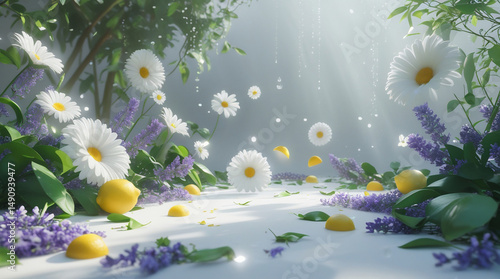 A dreamy 3D scene of morning light filtering through foliage, with scattered white daisies, lavender, jasmine, tea leaves, and lemon pieces. Soft, poetic, sacred atmosphere of purity