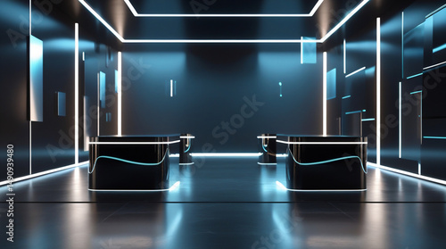 Photorealistic empty futuristic scene with chrome and black podiums, glowing neon edges, volumetric lighting, and floating holographic panels. Clean, high-tech, cinematic showcase space