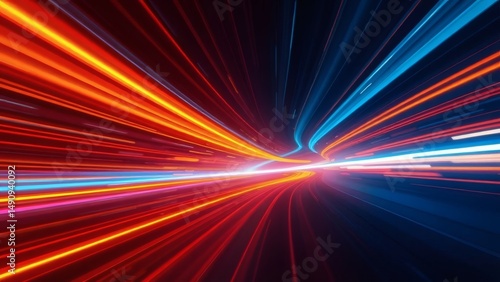 Streaks of vibrant orange and cool blue light create a dynamic, abstract background with a sense of speed and digital energy.