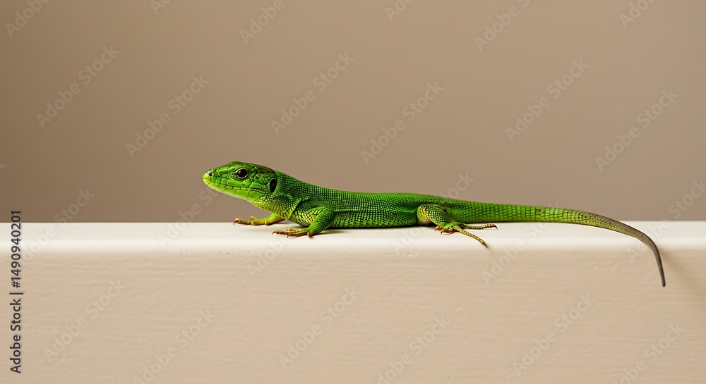 Fototapeta premium Green lizard on white surface
