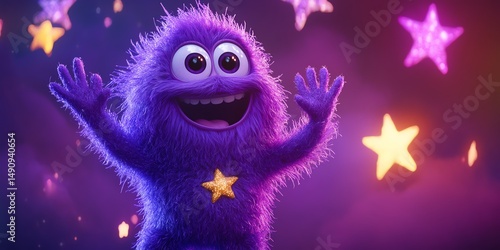 A purple fuzzy character with big eyes and a star on its chest, standing on a starrythemed background, waving enthusiastically