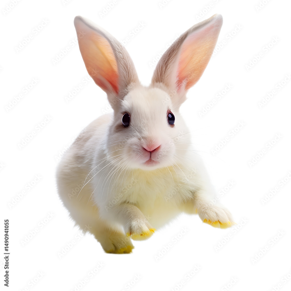Fototapeta premium A small, white rabbit with pink ears appears to be mid-leap