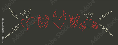 Devil, angels and hearts with lightning crayon drawn set. Punk love doodle background. Scribble grunge elements. Heart with horns, fire and sketch line art. Vector illustration on black background.