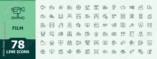 Film icon set. Minimalist vector collections. Related to cinema, media, theater, multimedia, television. Vector artwork and illustration. Media vector line icon set.