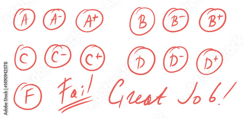 Exam letters grade marks doodle style set. School test results hand drawn sings. Teacher scores for homework. Vector handwritten scribble qualification rating and correction symbols isolated on white.