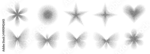 Geometric figures with grain noise gradient. Y2k retro stippling forms set. Butterfly, circle, heart and star icons isolated on white background. Vector black and white shapes illustration.