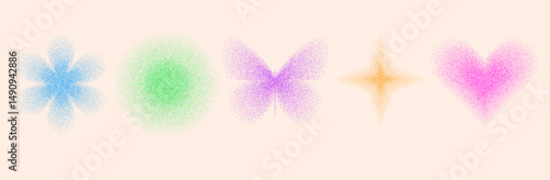 Colorful geometric shapes with grain noise gradient set. Y2k retro stippling forms set. Butterfly, circle, heart and star icons isolated on beige background. Vector pastel colors illustration.