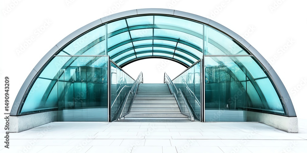 Fototapeta premium Professional photo of a subway entrance structure, glass and steel elements, isolated on white background, architectural focus
