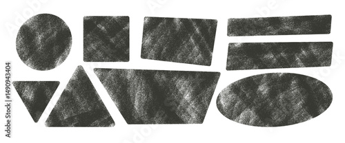 Ink dirty geometric stencil shapes with noise set. Text boxes urban street grainy textured frames pack. Square, rectangles, oval and triangle. Vector hand drawn stickers. Grunge geometric figures.