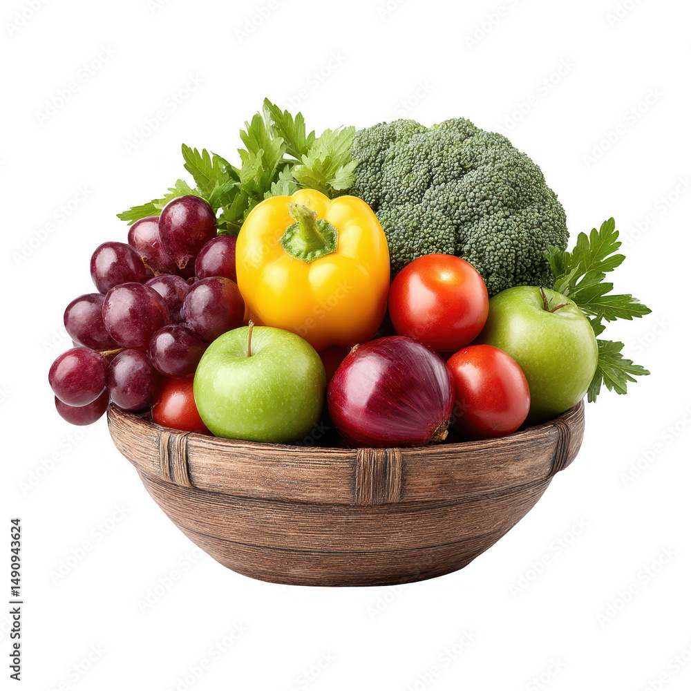Bowl filled with fresh fruits and vegetables isolated on white background. Bowl filled with fresh fruits and vegetables isolated on white background.