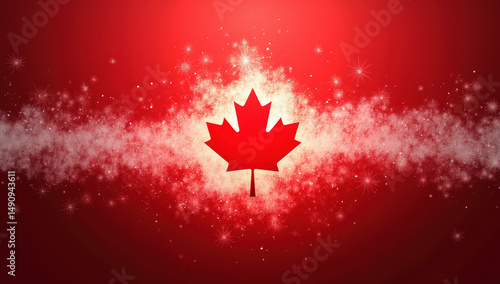 Red Maple Leaf with Soft Glowing Effects and Bokeh Particles on a Deep Red Background