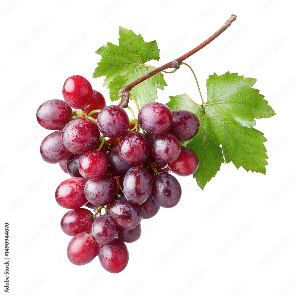 Fototapeta premium A fresh bunch of red grapes is isolated on a clean white background now.