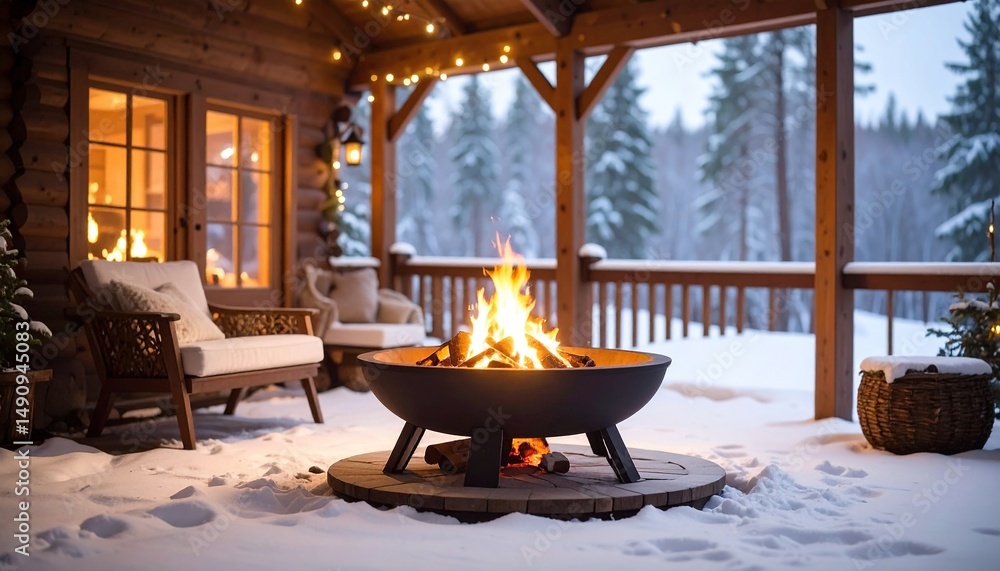 Obraz premium Cozy Winter Fire on Snow Porch.