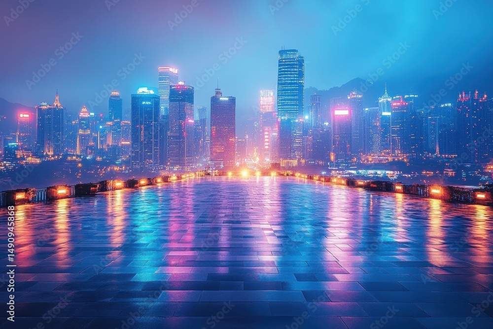 Fototapeta premium City skyline illuminated by colorful lights reflecting on wet pavement during a rainy night