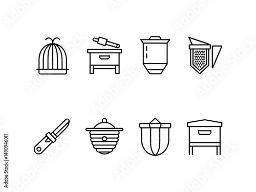 Beekeeping equipment icons set line style illustration