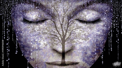 The face of the woman is made up entirely of branches and dewdrops