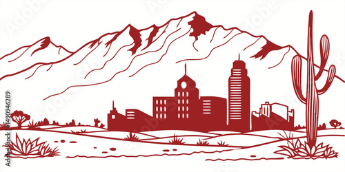 Albuquerque vector skyline silhouette with Sandia Mountains, Albuquerque Plaza, and desert motifs.
