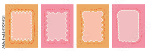 Scallop text boxes frames pencil hand drawn set. Wavy groovy rectangle pictures borders by crayon background. Wobbly y2k decorative callouts elements. Vector retro doodle blank illustration.