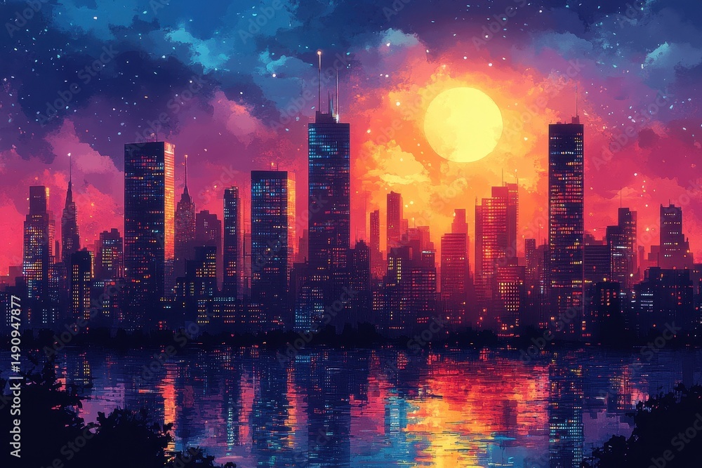 Obraz premium Vibrant city skyline during sunset with colorful reflections on water
