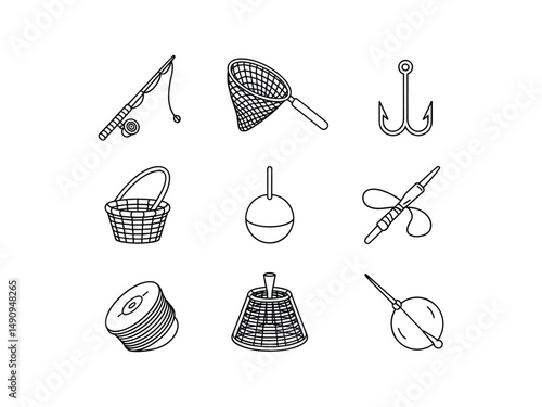 Fishing equipment icons line art design set collection
