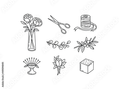 Floral design elements line art illustrations vase scissors