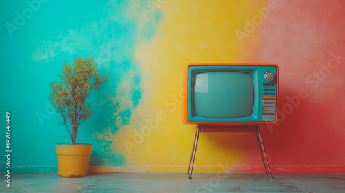 Wallpaper Mural Vintage television set beside potted plant against colorful wall   Torontodigital.ca