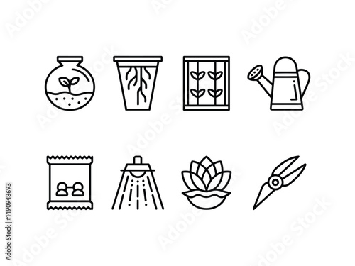 Gardening icons set plant growth sprout seeds